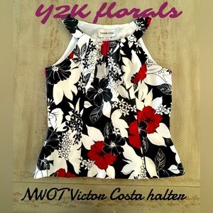 Victor Costa NWOT Black Red White Floral Halter